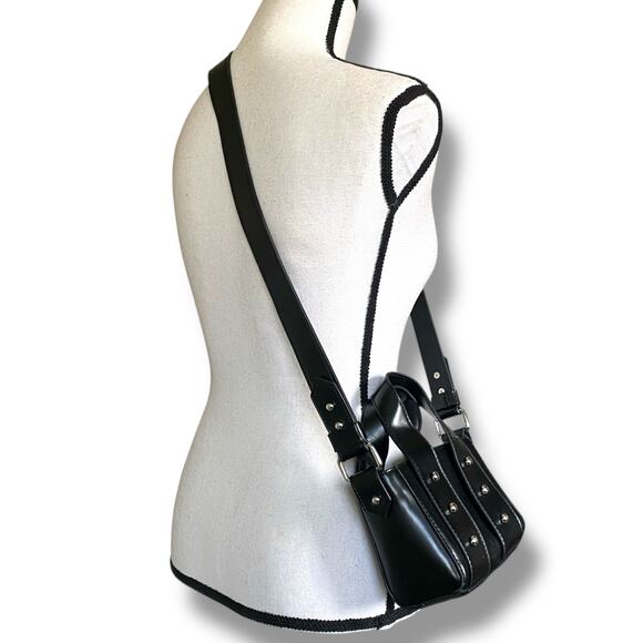 Zara Studded Mini Crossbody Bag Purse Black Silver Top Handle Zipper Edgy Grunge - Picture 6 of 14